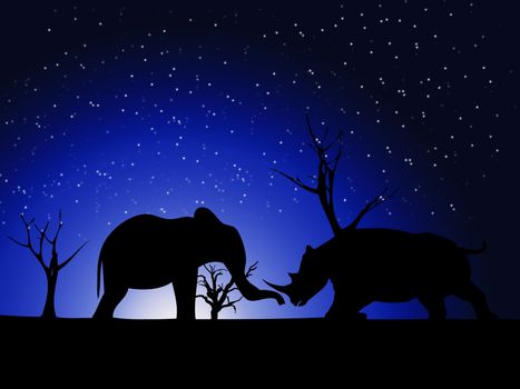 Elephant and Rhino silhouette against a wild landscape.
