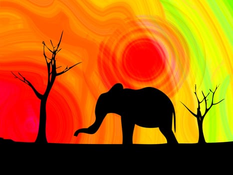 Elephant against a wild landscape.
