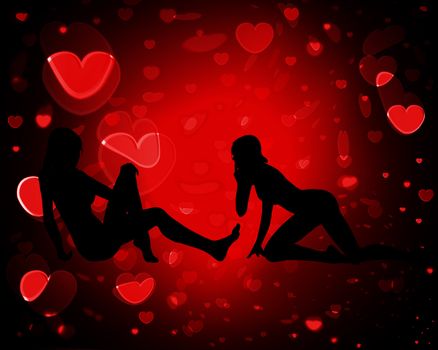 Two women in love against heart backgrounds.