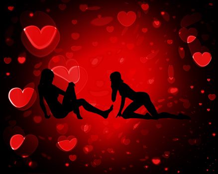 Two women in love against heart backgrounds.