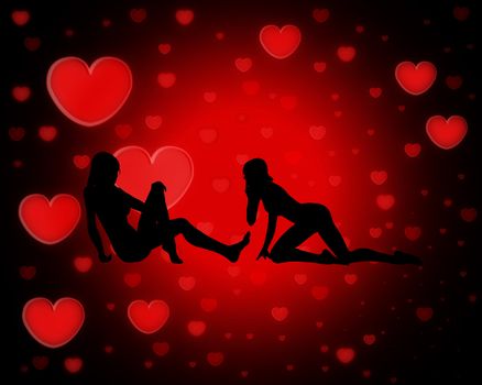 Two women in love against heart backgrounds.
