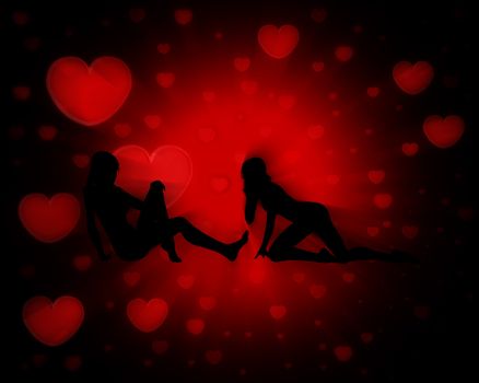 Two women in love against heart backgrounds.