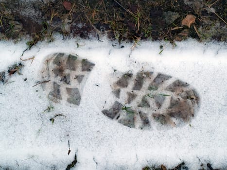 Winter background Tracks footprint in the snow