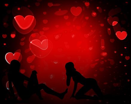 Two women in love against heart backgrounds.