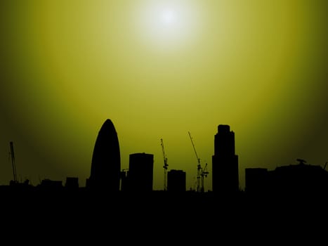 
The London skyline in silhouette with the Gherkin.