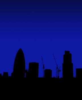 
The London skyline in silhouette with the Gherkin.