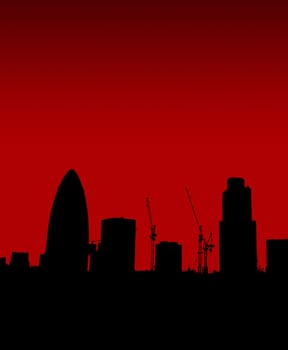 
The London skyline in silhouette with the Gherkin.