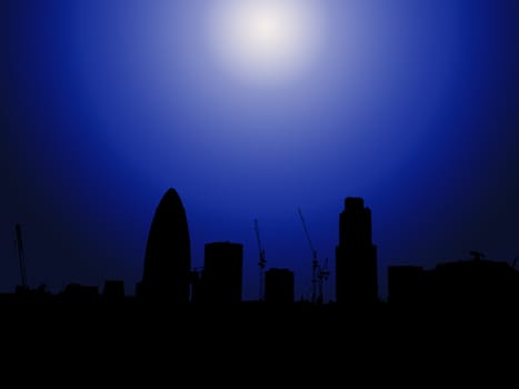 
The London skyline in silhouette with the Gherkin.