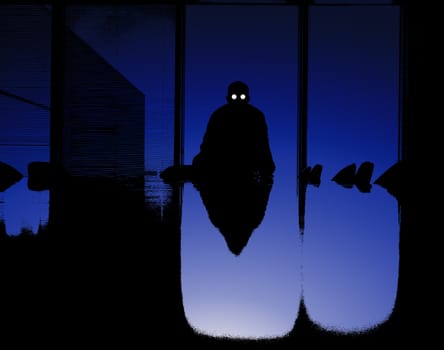 A sinister silhouetted business man at the end of a desk.