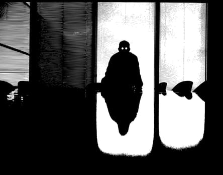 A sinister silhouetted business man at the end of a desk.