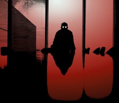 A sinister silhouetted business man at the end of a desk.