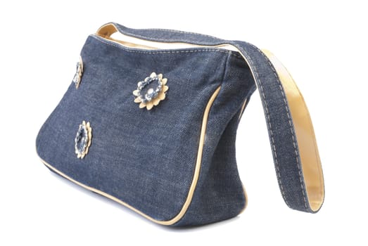 Jeans handbag with flowers. Isolated on white background