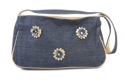 Jeans handbag with flowers. Isolated on white background
