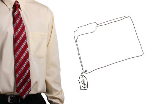 Man in a shirt and a tie standing next to a drawing of a folder. Add your text to the folder.