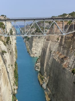 an aerial view of the corinth canal in Greece. Man made architectural engineering wonder