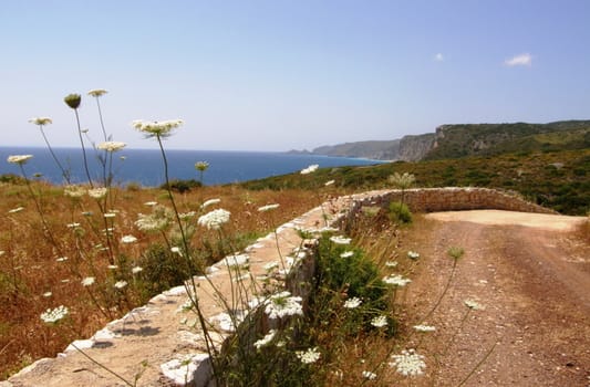 a postcard type of picture of a coastline landscape in Greece