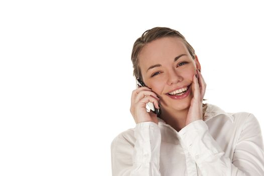 Happy girl on the phone, seen against white background