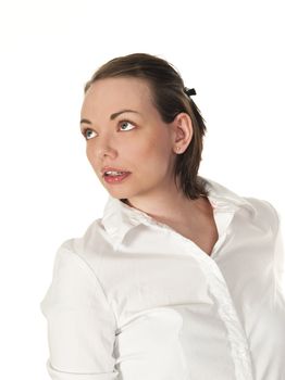 Beautiful girl distracted by something, seen against white background