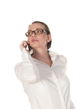 beautiful girl listening intensely to the telephone, seen against white background