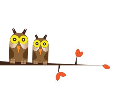 Hand drawn Illustration of two owls, one male, one female, perched on a branch with orange leaves. set on an isolated white background.