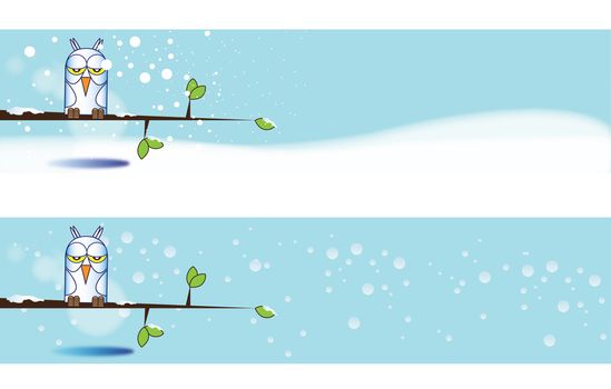 Hand drawn Illustrative banners of a winter owl perched on a branch over a snowy winter background.