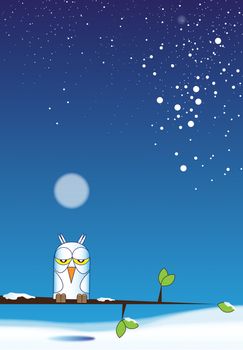Hand drawn Illustration of a single winter owl perched on a snow covered branch with green leaves, set on a portrait format winter and snowy background. Christmas or winter theme.