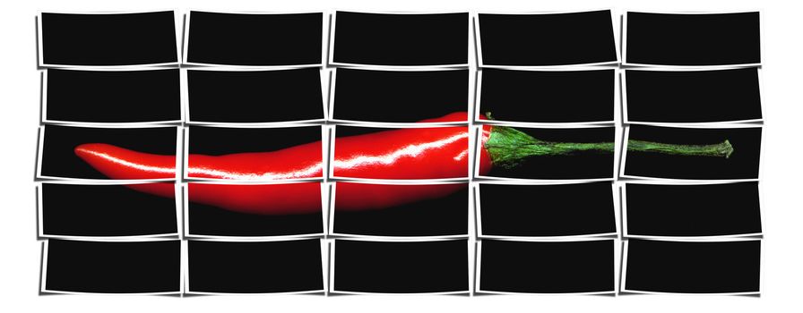 red chili pepper on black background cut out composition over white