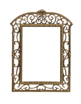 Isolated brass colored carved picture frame against white