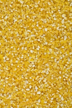Yellow crushed maize cereals background close up