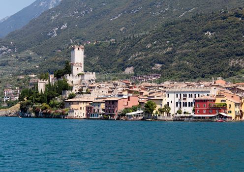 View off the coast of Malcesine on Lake Garda with the castle framing the town