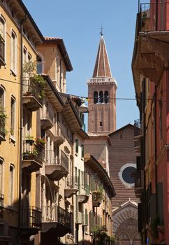Church of Sant' Anastasia seen through narrow streets of Verona