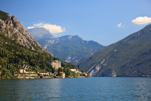 View to the north on Lake Garda showing lemon plantations on the banks of the water