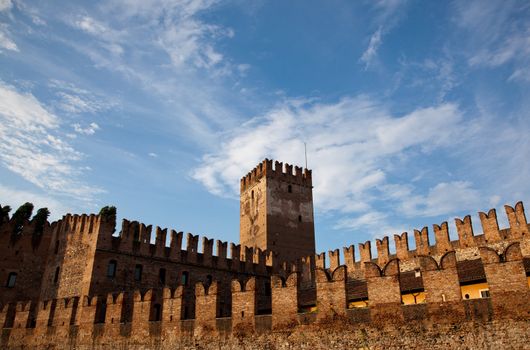 Castle Vecchio in Verona with battlements against the blue sky