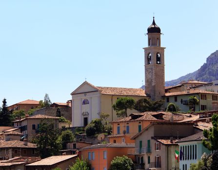 Main church above the rooftops of Limone on Lake Garda Italy