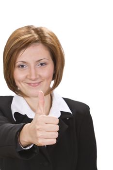 Happy businesswoman with thumb up.Selective focus on the thumb.