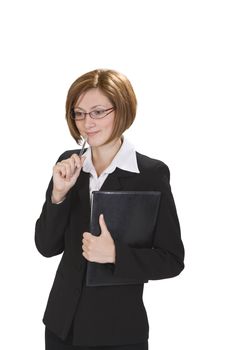 Young businesswoman with a wallet thinking isolated against a white background.