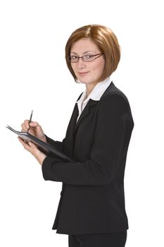 Young businesswoman writing something on a wallet isolated against a white background.