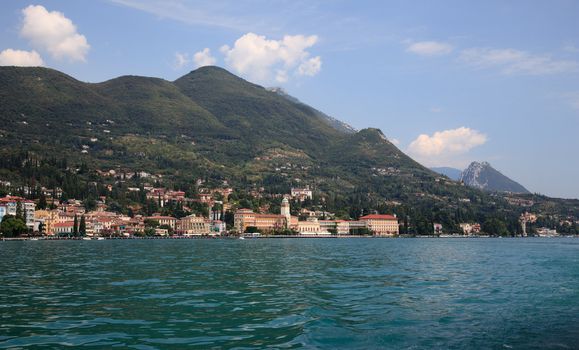 View of Gardone from ferry boat on Lake Garda in Italy