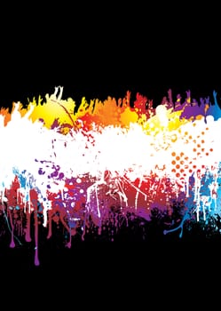 Crowd scene with people hands held high on abstract rainbow background