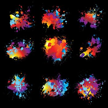 Collection of nine brightly coloured ink splat with black background