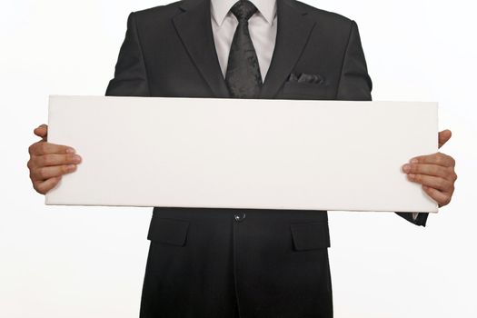 business man with white card over a white background