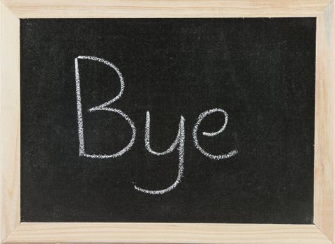 Black chalk board with wooden framed surround with the word Bye.