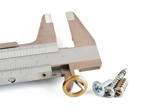 detail of caliper with washer and screws isolated on white background with clipping path