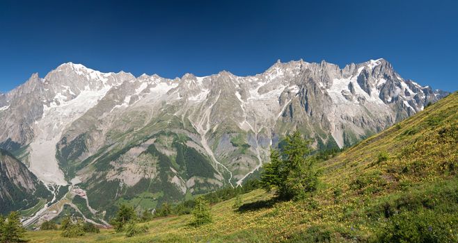 panoramic view of Mont Blanc massif from Grandes Jorasses to mont Blanc, Courmayeur, Italy