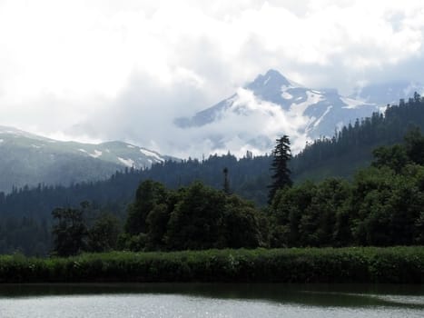 Mountains, wood, lake, water, tree, cloud, verdure, herb, glacier, snow, nature, beauty, landscape, type, background, Caucasus, relief, plants, landscape, top