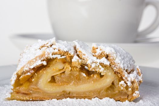 detail of an apple strudel with icing sugar