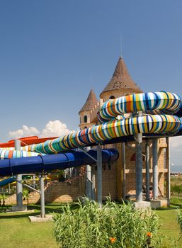 Aqua park in the open air.
Summer, sunny day.