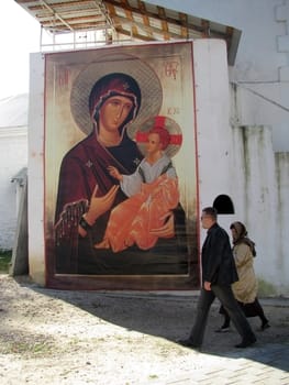 Saint places, icon, gosh mother, scene, pilgrimage, religion, Christianity, temple, male priory, people, tourists, background, type