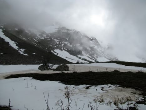 Mountains, mist, morning, cloud, stone, snow, nature, beauty, landscape, glacier, sun, type, background, Caucasus, phosphorescence, moisture, springtime, relief, bad weather