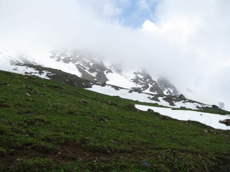 Mountains, mist, morning, cloud, green herb, flowerses, snow, nature, beauty, landscape, type, background, Caucasus, phosphorescence, springtime, relief, blue sky, stone